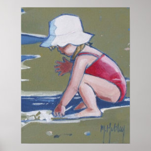 Póster Niñita con gorra en la playa con olas