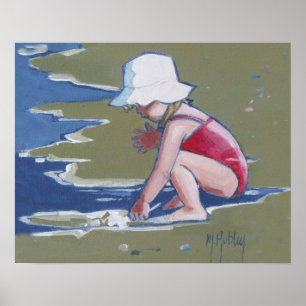 Póster Niñita con gorra en la playa con olas