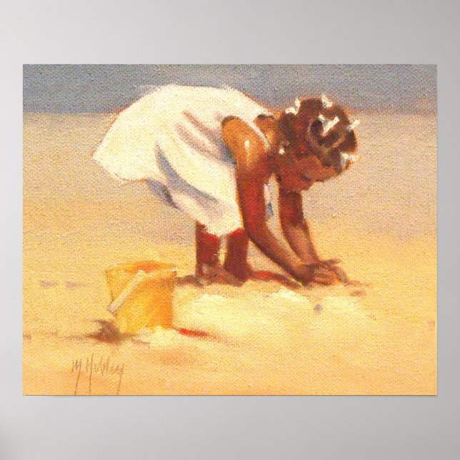 Póster Niñita linda jugando en la arena (Frente)