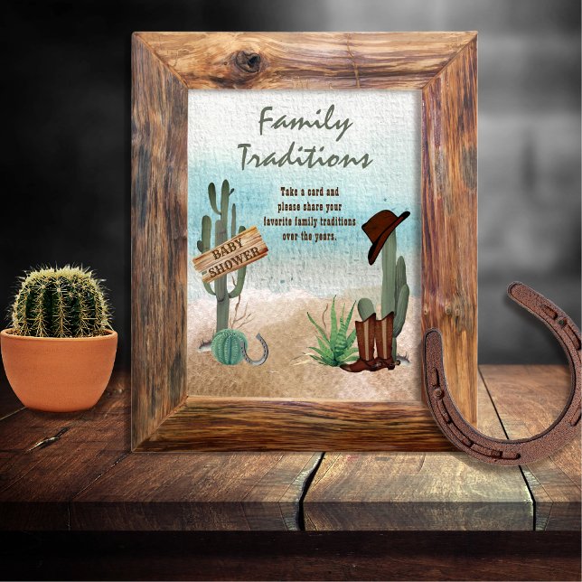 Póster Niñito Vaquero Oeste Ducha Tradiciones familiares (Rustic Western Boy Baby Shower Family Traditions Sign -- "A Little Cowboy Is On His Way" Collection)