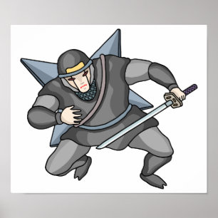 Póster Ninja cibernético llevando shuriken en la espalda.