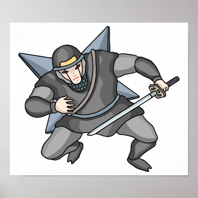 Póster Ninja cibernético llevando shuriken en la espalda. (Frente)