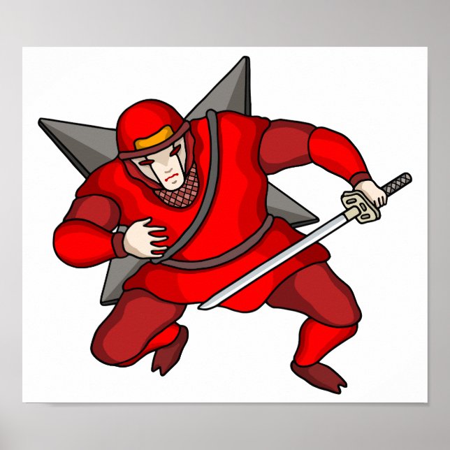 Póster Ninja cibernético llevando shuriken en su espalda. (Frente)