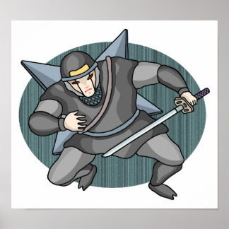 Póster Ninja cibernético llevando shuriken en su espalda.
