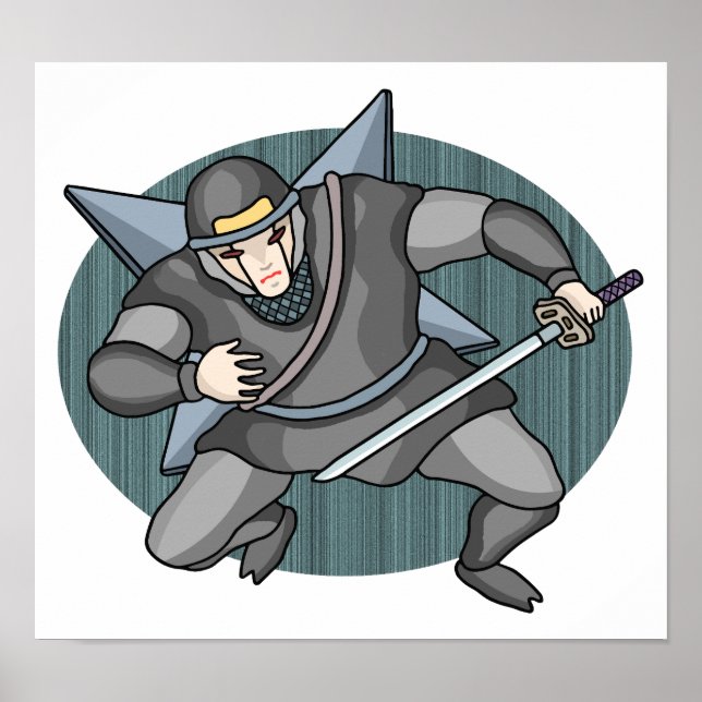 Póster Ninja cibernético llevando shuriken en su espalda. (Frente)