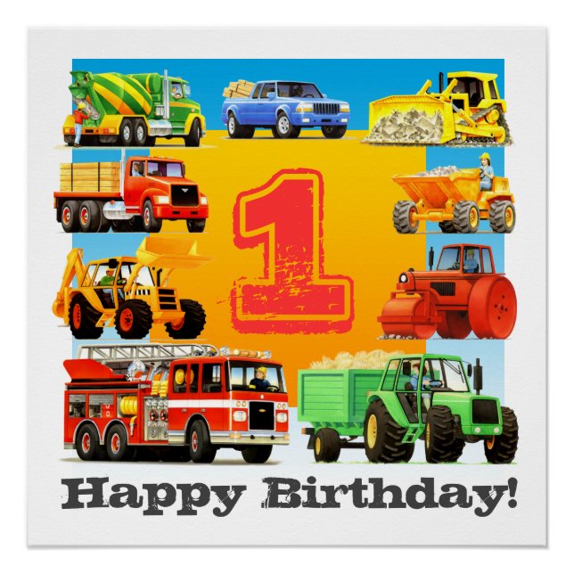 Póster Niño 1 Camión de construcción de cumpleaños feliz (Anverso)