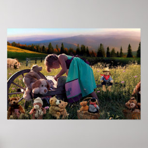 Póster Niño Adorable afuera con Poster de juguetes