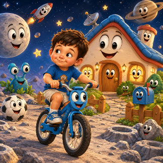 Póster Niño Adorable Montando una Bicicleta en el Espacio
