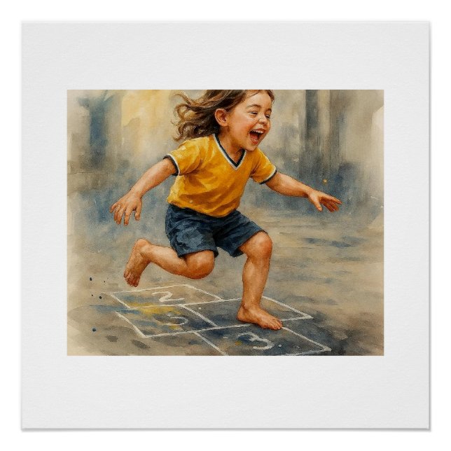 Póster Niño Alegre Jugando a la Rayuela,  (Anverso)