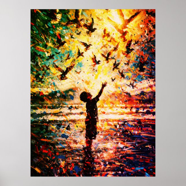 Póster Niño Alegre Jugando con Pájaros Amanecer Agua (Frente)