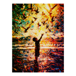 Póster Niño Alegre Jugando con Pájaros Amanecer Agua