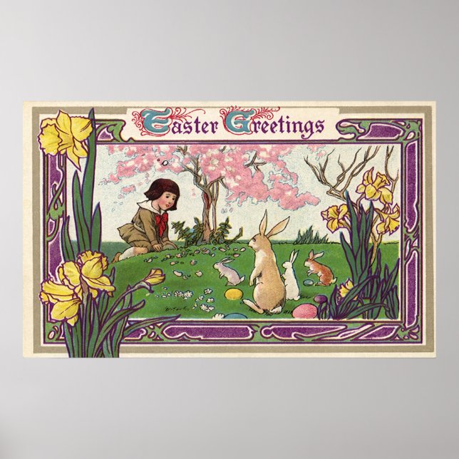 Póster Niño añejo en una cacería de huevos de Pascua con  (Frente)