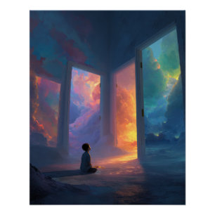 Póster Niño ante portales de mundos coloridos
