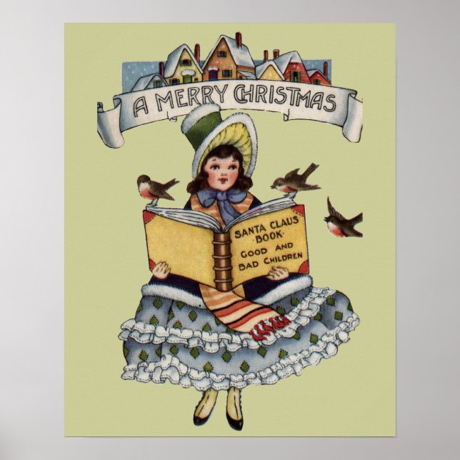 Póster Niño Antiguo con Libro de Santa Claus (Frente)
