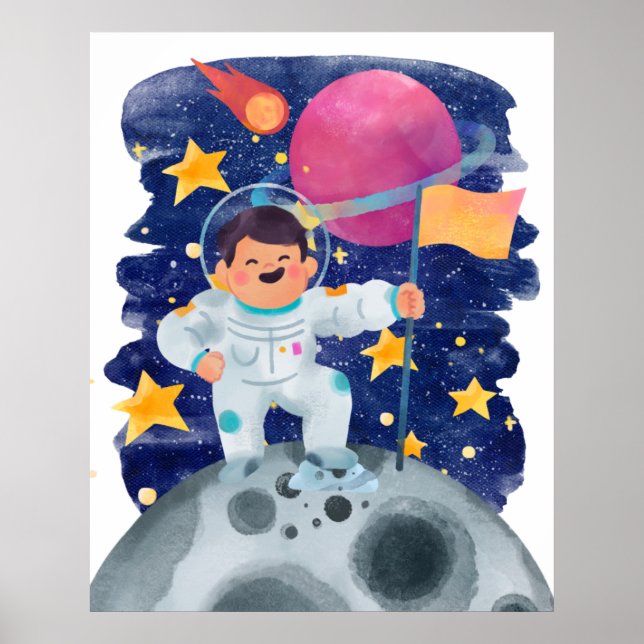 Póster Niño Astronauta Primer Paso Luna Bandera Espacio E (Frente)
