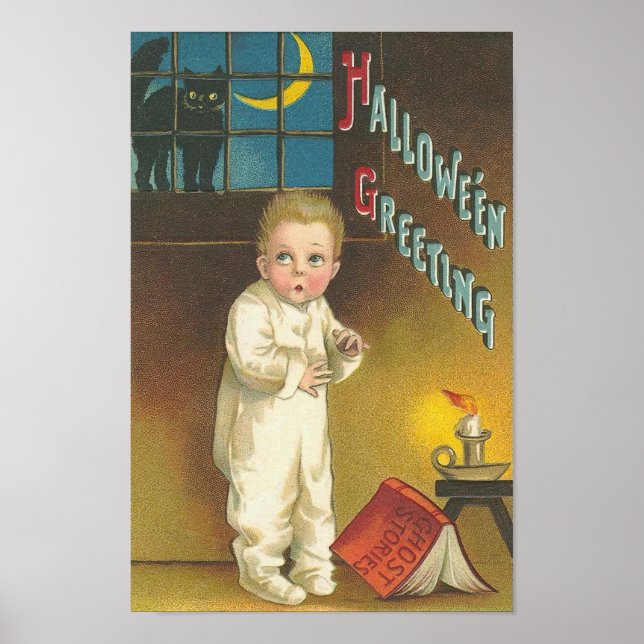 Póster Niño asustado con gato en la ventana (Frente)
