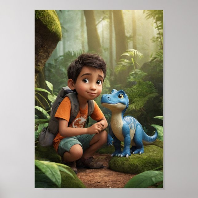 Póster Niño aventurero y dinosaurio amigable (Frente)