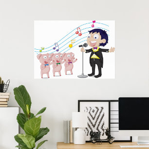 Póster Niño cantando con tres cerdos coros
