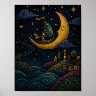 PÓSTER NIÑO CAPRICHOSO NAVEGANDO LA CRECIENTE LUNA DORADA