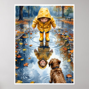 Póster Niño con abrigo amarillo en charco con perro Fleec