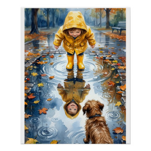 Póster Niño con abrigo amarillo en charco con perro Fleec