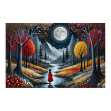Niño con abrigo rojo explorando un bosque capricho