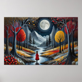 Póster Niño con abrigo rojo explorando un bosque capricho
