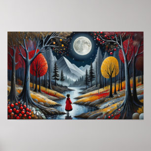 Póster Niño con abrigo rojo explorando un bosque capricho