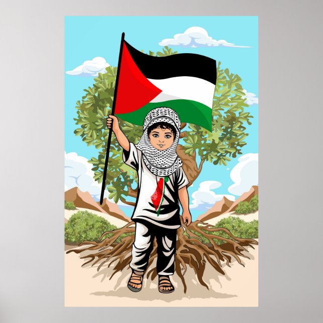 Póster Niño con bandera palestina de Keffiyeh y olivo (Frente)