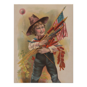 Póster Niño con Fuegos Artificiales, Bandera Americana, I