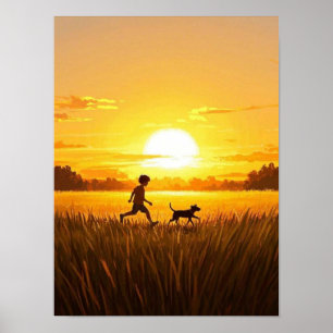 Póster Niño corriendo con perro al atardecer