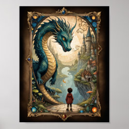 Póster Niño de fantasía y dragón