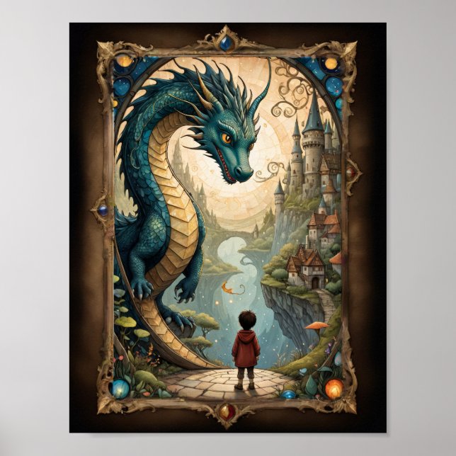 Póster Niño de fantasía y dragón (Frente)
