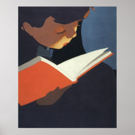 Póster Niño de la época leyendo un libro de la biblioteca