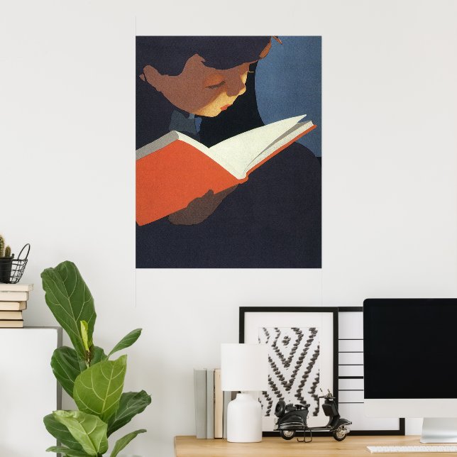 Póster Niño de la época leyendo un libro de la biblioteca (Oficina en casa)