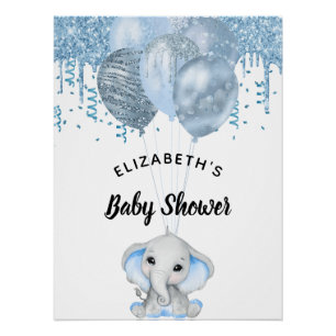 Póster Niño elefante de Baby Shower globos blancos azules
