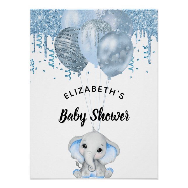 Póster Niño elefante de Baby Shower globos blancos azules (Anverso)