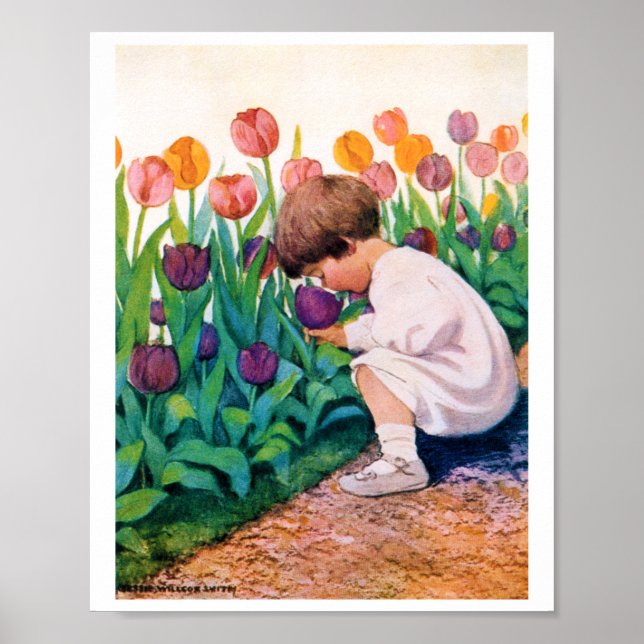 Póster Niño en el jardín de flores de Tulip, Jessie Willc (Frente)