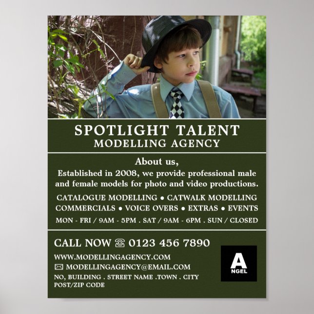 Póster Niño en Gorra, agencia de modelación, agente model (Frente)