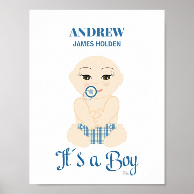 Póster Niño en tonos azules diseño de estado de nacimient (Frente)