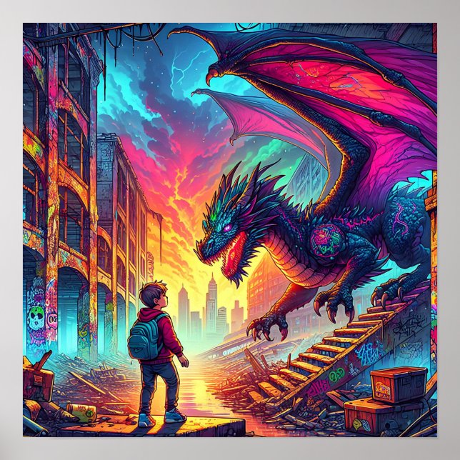 Póster Niño encuentra un dragón en un mundo distópico (Frente)