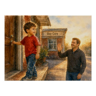 Póster Niño entrando en guardería con su padre,