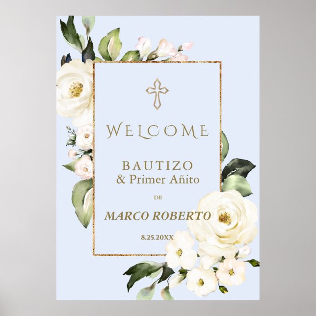 Póster Niño español floral blanco bienvenido Rótulo de ba (Frente)