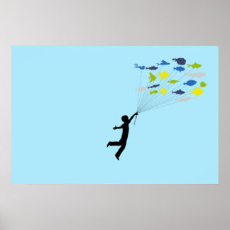 Póster Niño flotando, sosteniendo globos de peces tropica