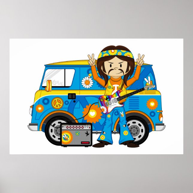 Póster Niño hippie con guitarra y camioneta (Frente)