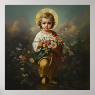 Póster Niño Jesús llevando flores hermosas