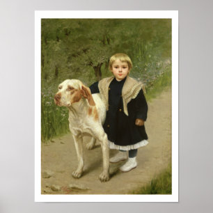 Póster Niño joven y un perro grande (aceite en lona)