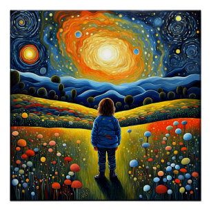 Póster Niño mira el cielo estrellado y se pregunta