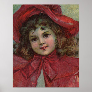 Póster Niño navideño vintage con vestido victoriano rojo