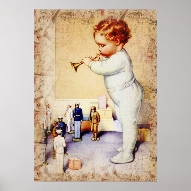 Póster Niño pelirrojo que relega el cuerno a los soldados (Frente)